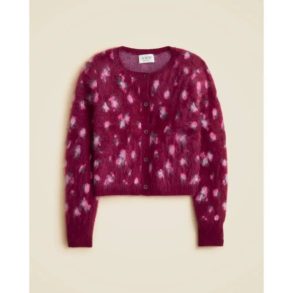 J. Crew Collection Brushed Cashmere Cardigan Floral Mulberry Roses Size S NWT